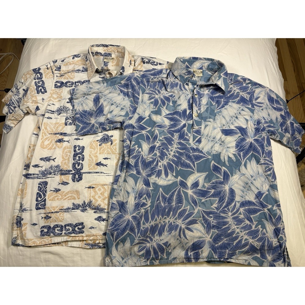 Lot of 2 Go Barefoot Hawaiian Shirts Mens Large L Reverse Print Pullover Made